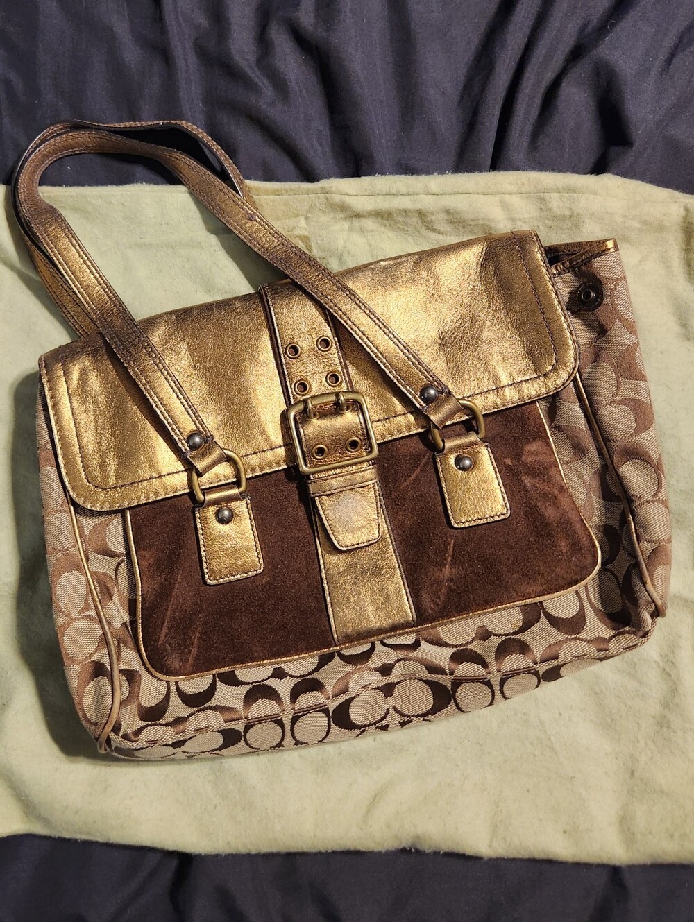 Coach Metallic Gold & Brown Signature Patterned Shoulder Bag